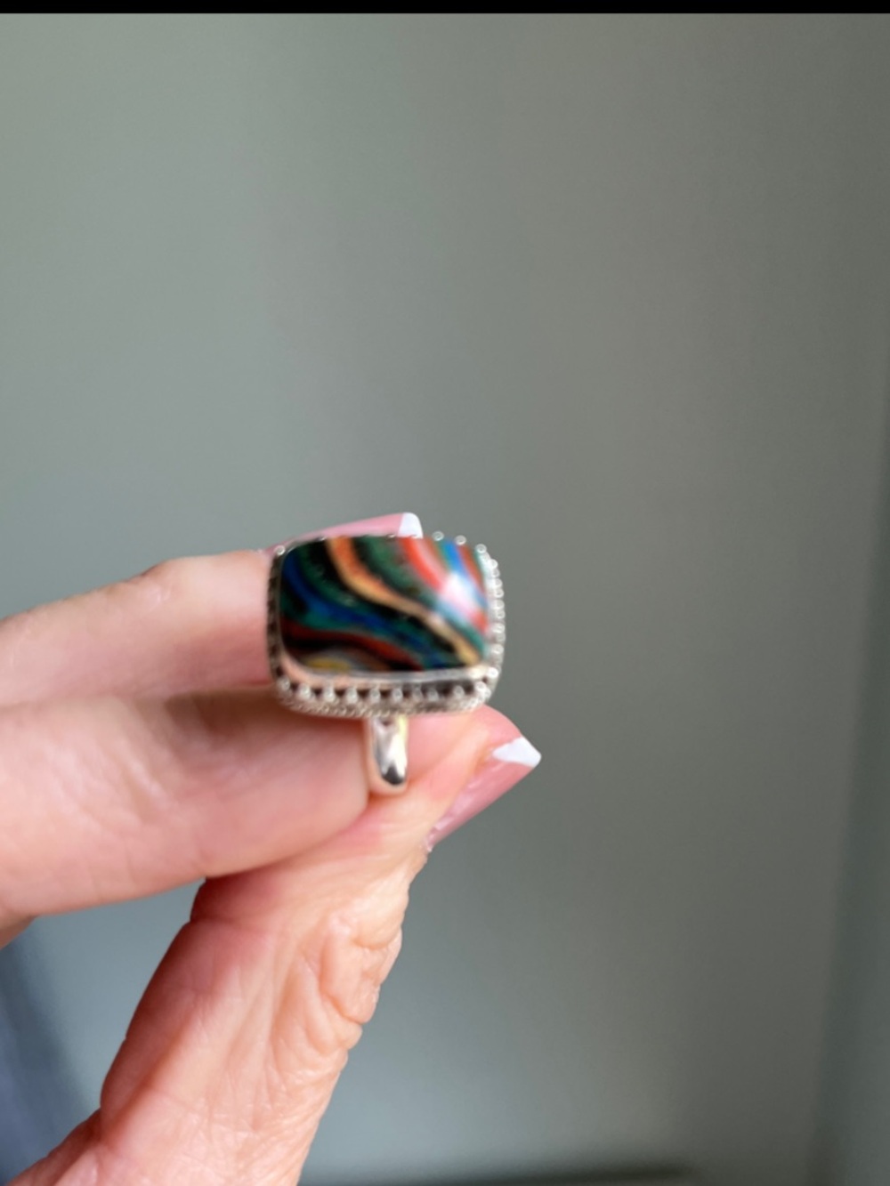 Sterling Silver Rainbow Calsilica Swirl Ring - Women Jewelry